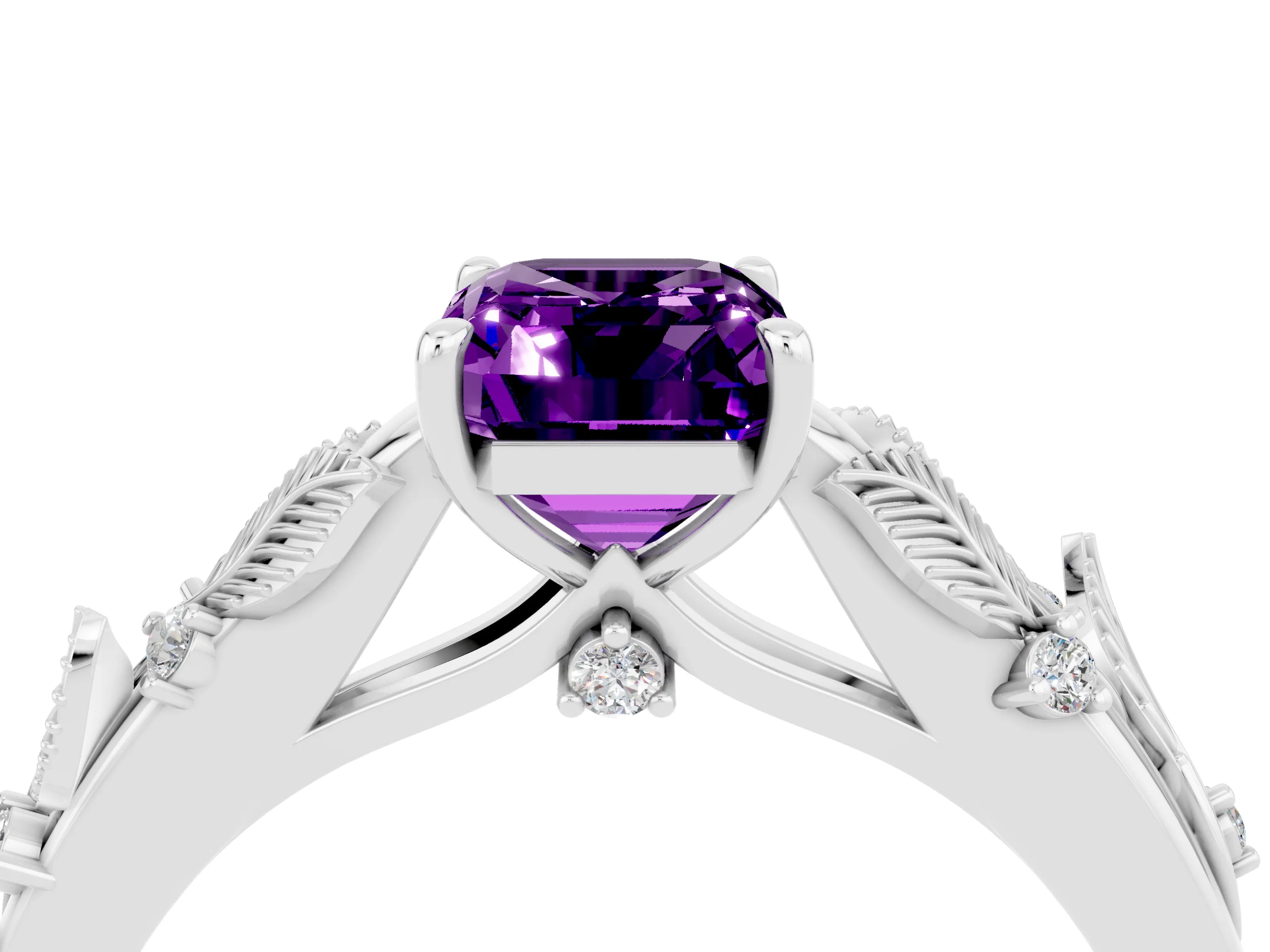 White gold Emerald Cut Amethyst Solitaire Ring with Leaf Motif Band and Four-Prong Setting_16