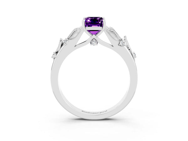 Platinum Emerald Cut Amethyst Solitaire Ring with Leaf Motif Band and Four-Prong Setting