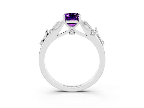 White gold Emerald Cut Amethyst Solitaire Ring with Leaf Motif Band and Four-Prong Setting_3