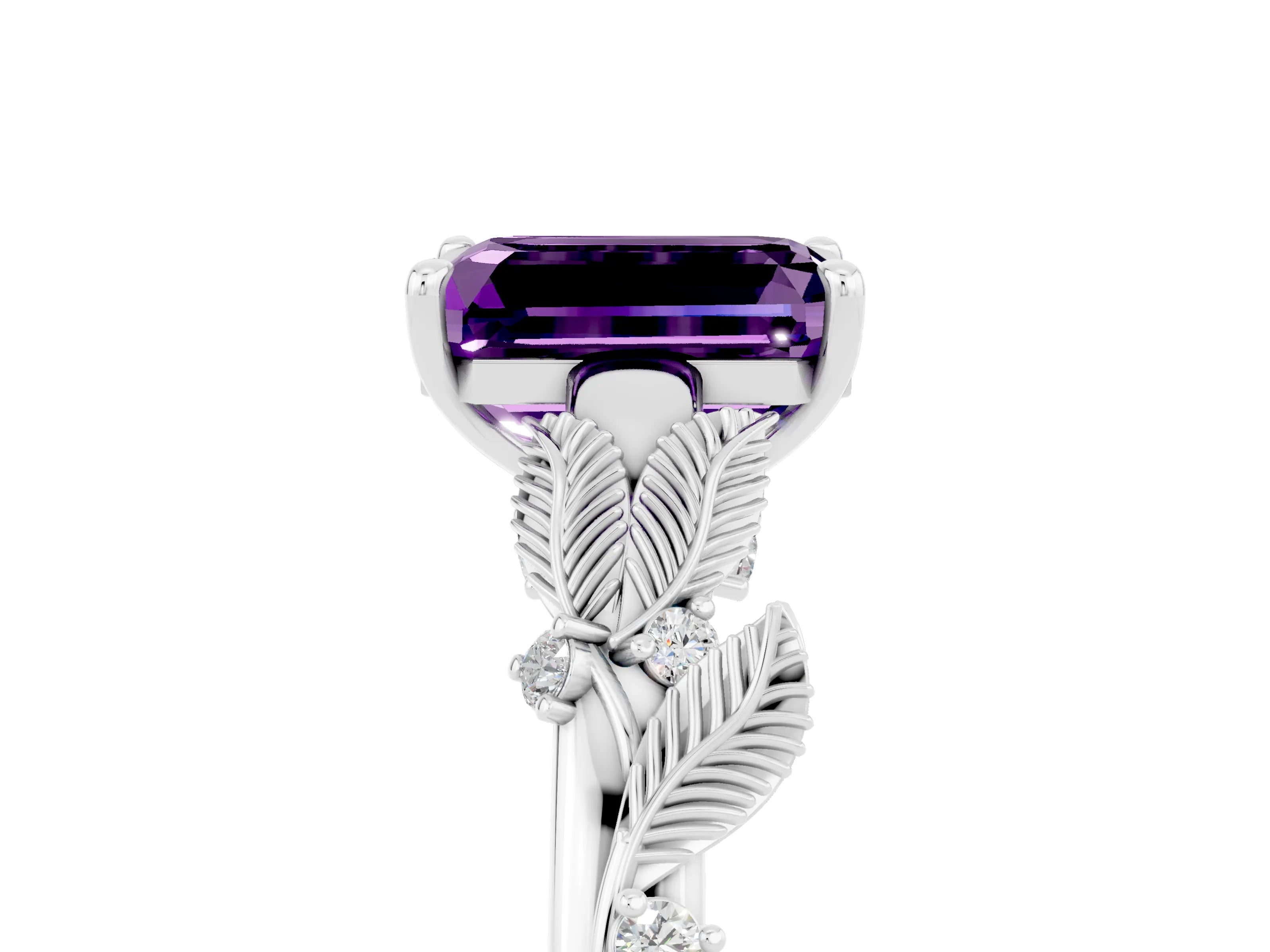 White gold Emerald Cut Amethyst Solitaire Ring with Leaf Motif Band and Four-Prong Setting_5
