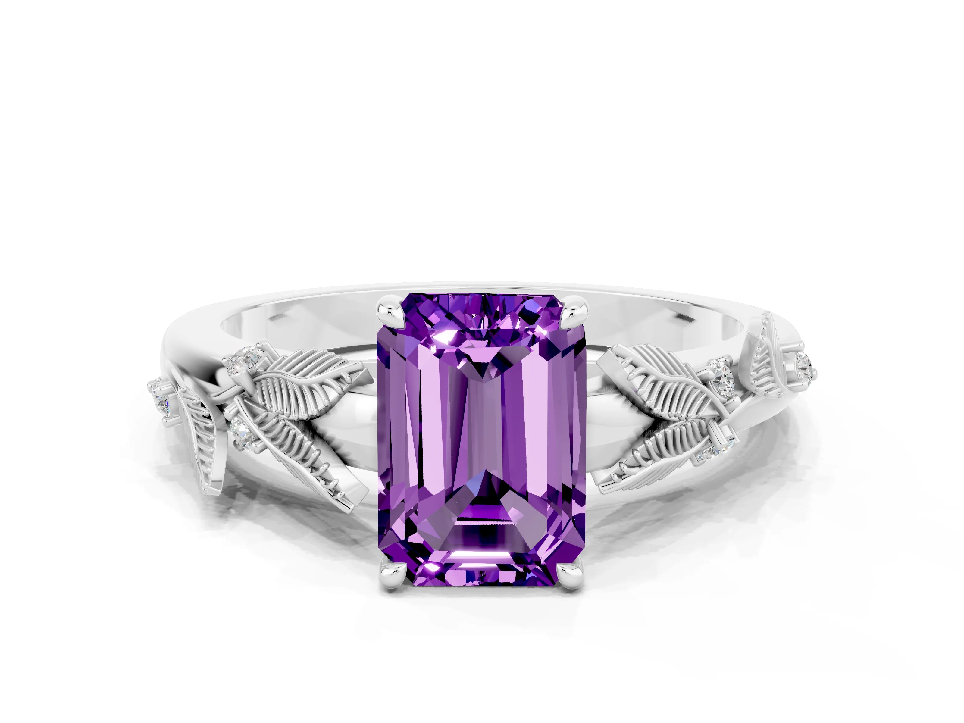 White gold Emerald Cut Amethyst Solitaire Ring with Leaf Motif Band and Four-Prong Setting