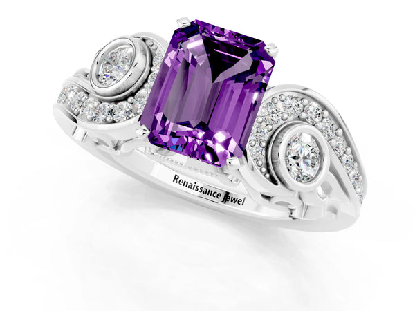 Platinum Emerald Cut Amethyst Solitaire Ring with Milgrain Pavé Band and Four-Prong Setting