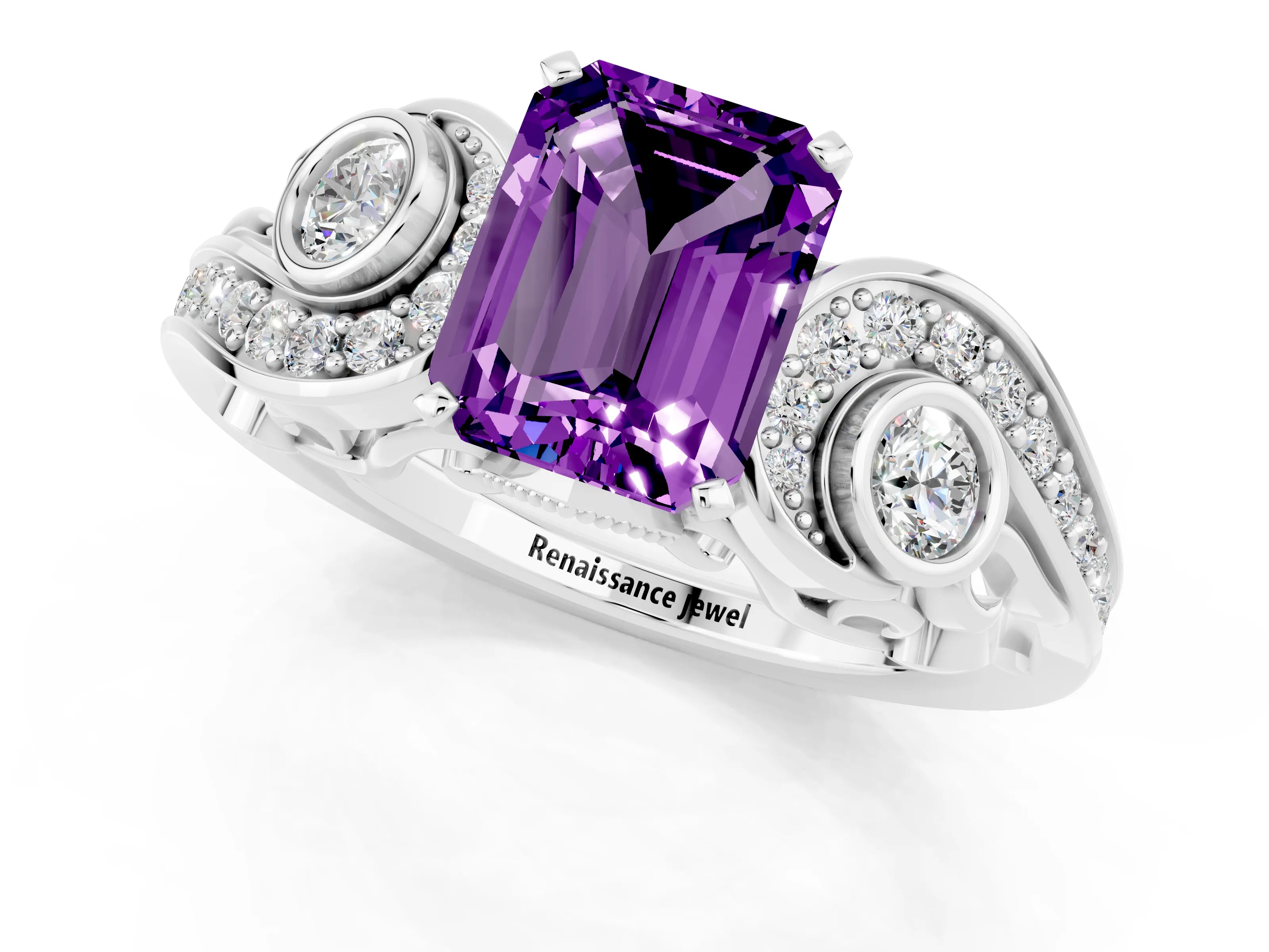 White gold Emerald Cut Amethyst Solitaire Ring with Milgrain Pavé Band and Four-Prong Setting_13