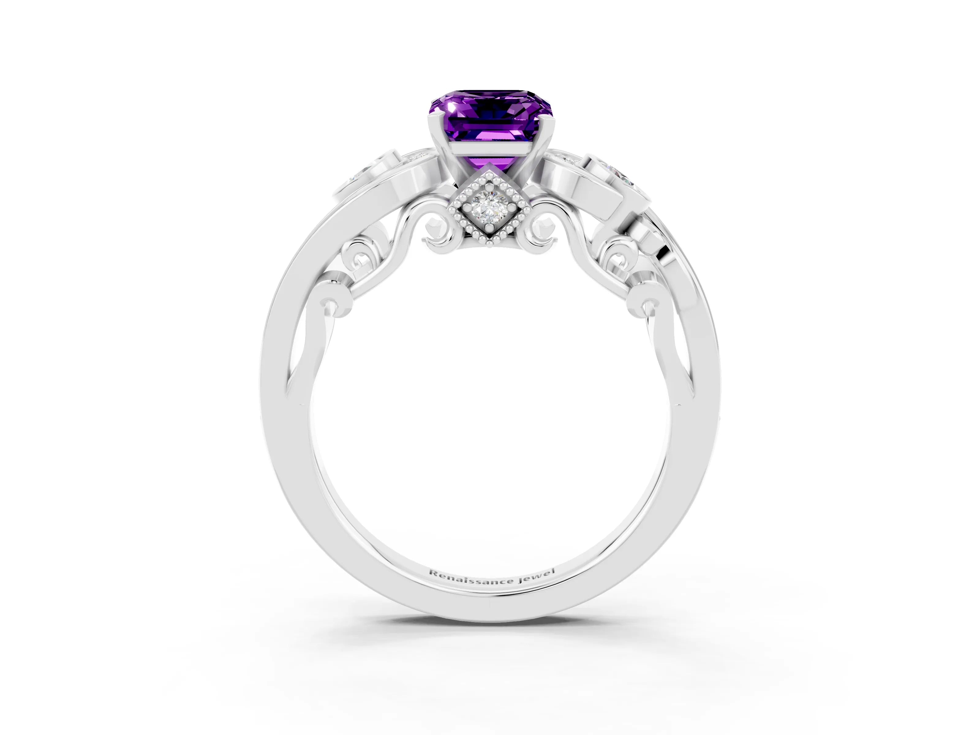 White gold Emerald Cut Amethyst Solitaire Ring with Milgrain Pavé Band and Four-Prong Setting_15