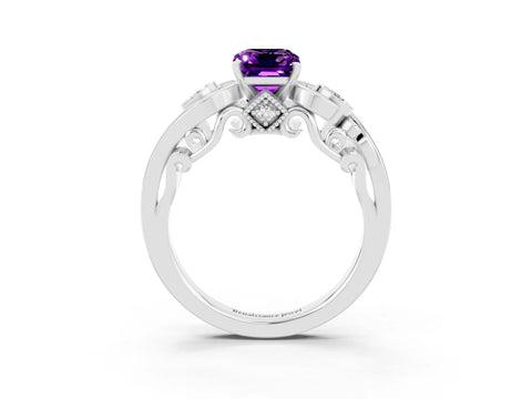 White gold Emerald Cut Amethyst Solitaire Ring with Milgrain Pavé Band and Four-Prong Setting_15