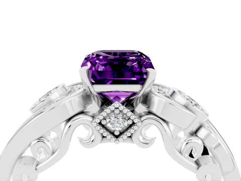White gold Emerald Cut Amethyst Solitaire Ring with Milgrain Pavé Band and Four-Prong Setting_16