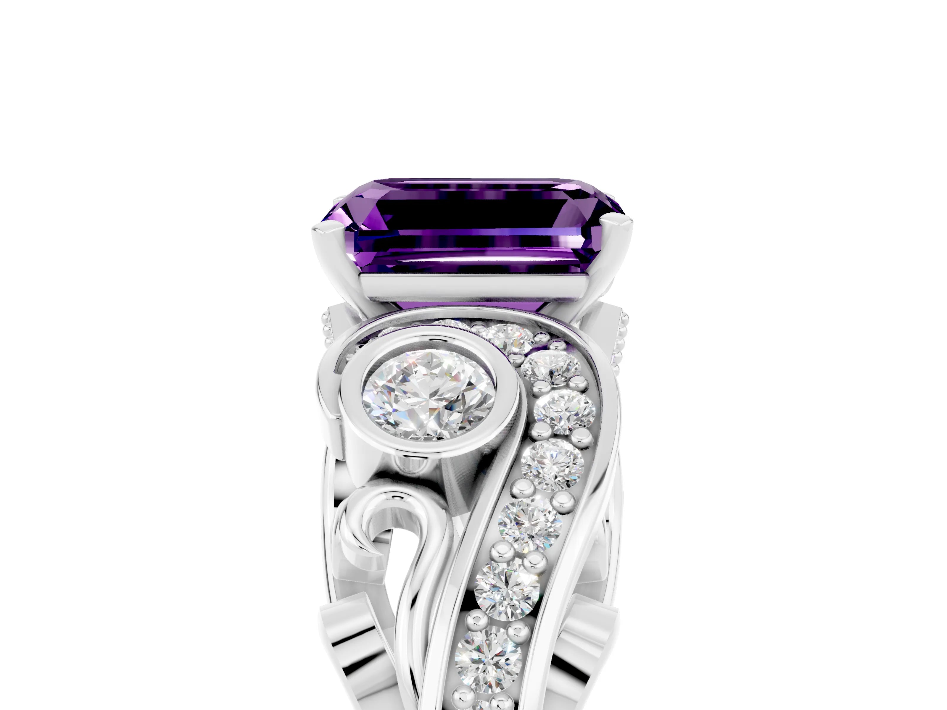 White gold Emerald Cut Amethyst Solitaire Ring with Milgrain Pavé Band and Four-Prong Setting_17