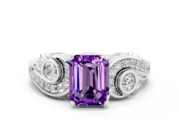 White gold Emerald Cut Amethyst Solitaire Ring with Milgrain Pavé Band and Four-Prong Setting