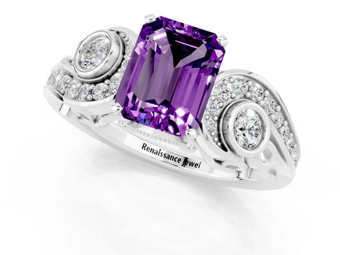 White gold Emerald Cut Amethyst Solitaire Ring with Milgrain Pavé Band and Four-Prong Setting_49