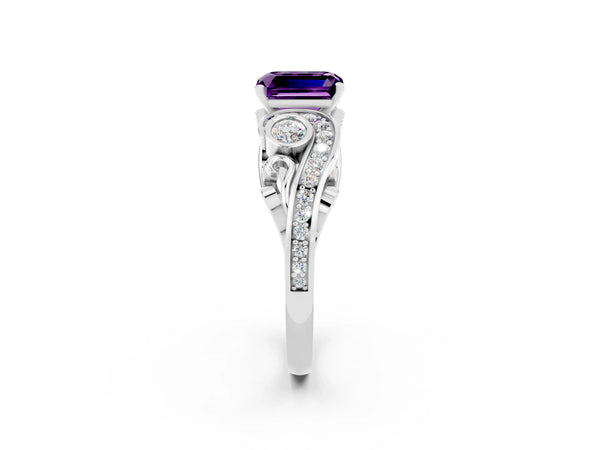 White gold Emerald Cut Amethyst Solitaire Ring with Milgrain Pavé Band and Four-Prong Setting