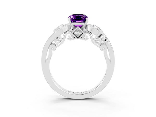 White gold Emerald Cut Amethyst Solitaire Ring with Milgrain Pavé Band and Four-Prong Setting