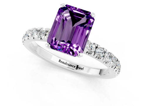White gold Emerald Cut Amethyst Solitaire Ring with Pavé Accents and Four-Prong Setting_1