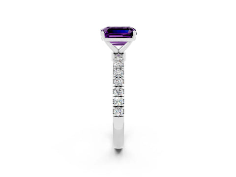 White gold Emerald Cut Amethyst Solitaire Ring with Pavé Accents and Four-Prong Setting_2