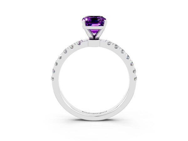 Platinum Emerald Cut Amethyst Solitaire Ring with Pavé Accents and Four-Prong Setting