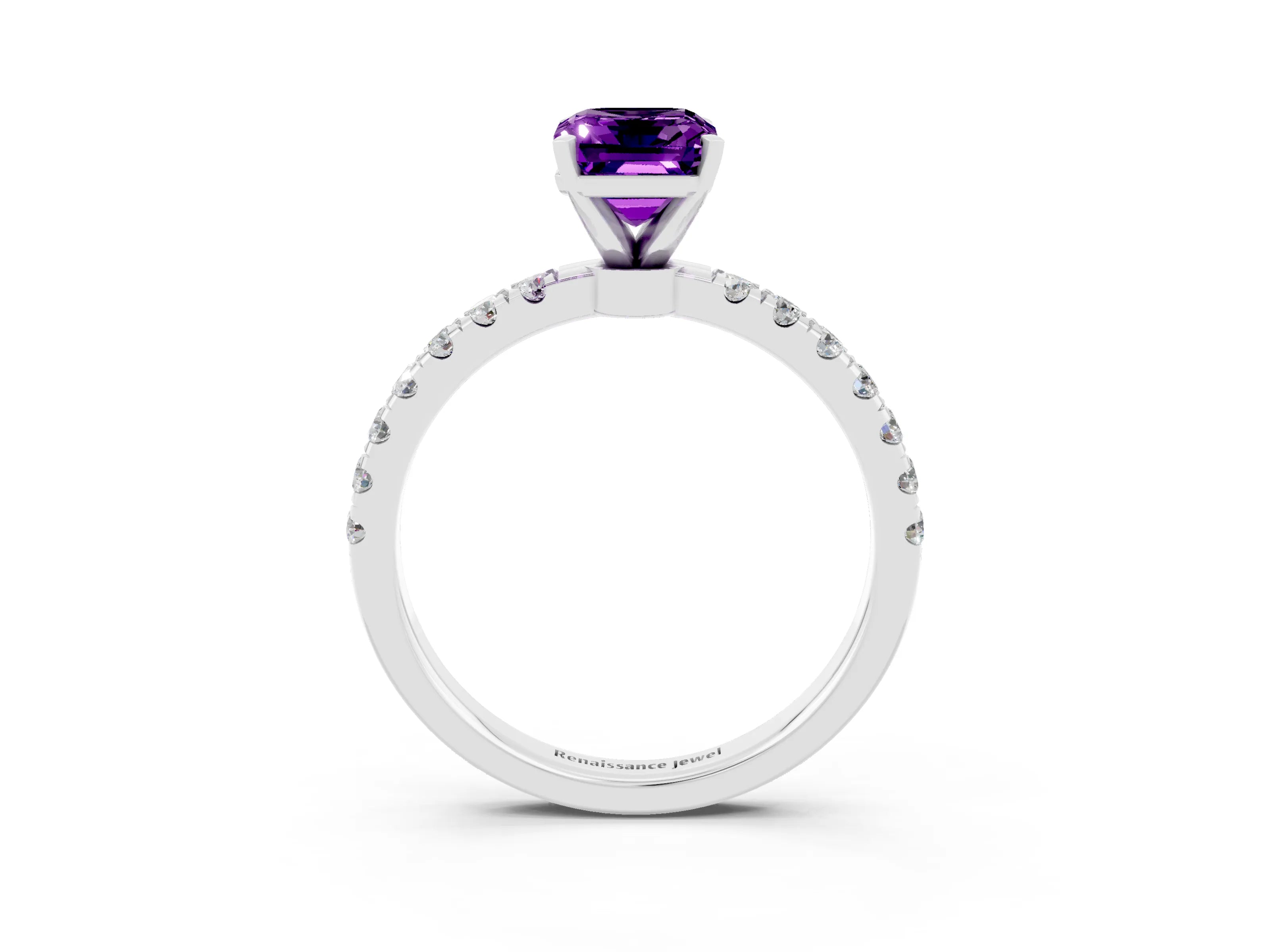 White gold Emerald Cut Amethyst Solitaire Ring with Pavé Accents and Four-Prong Setting_3