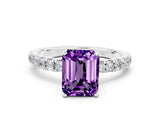 White gold Emerald Cut Amethyst Solitaire Ring with Pavé Accents and Four-Prong Setting