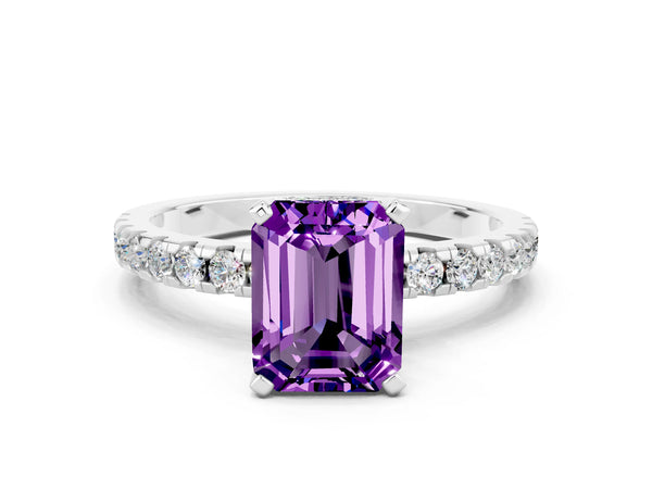 White gold Emerald Cut Amethyst Solitaire Ring with Round  Pavé Band and Four-Prong Setting
