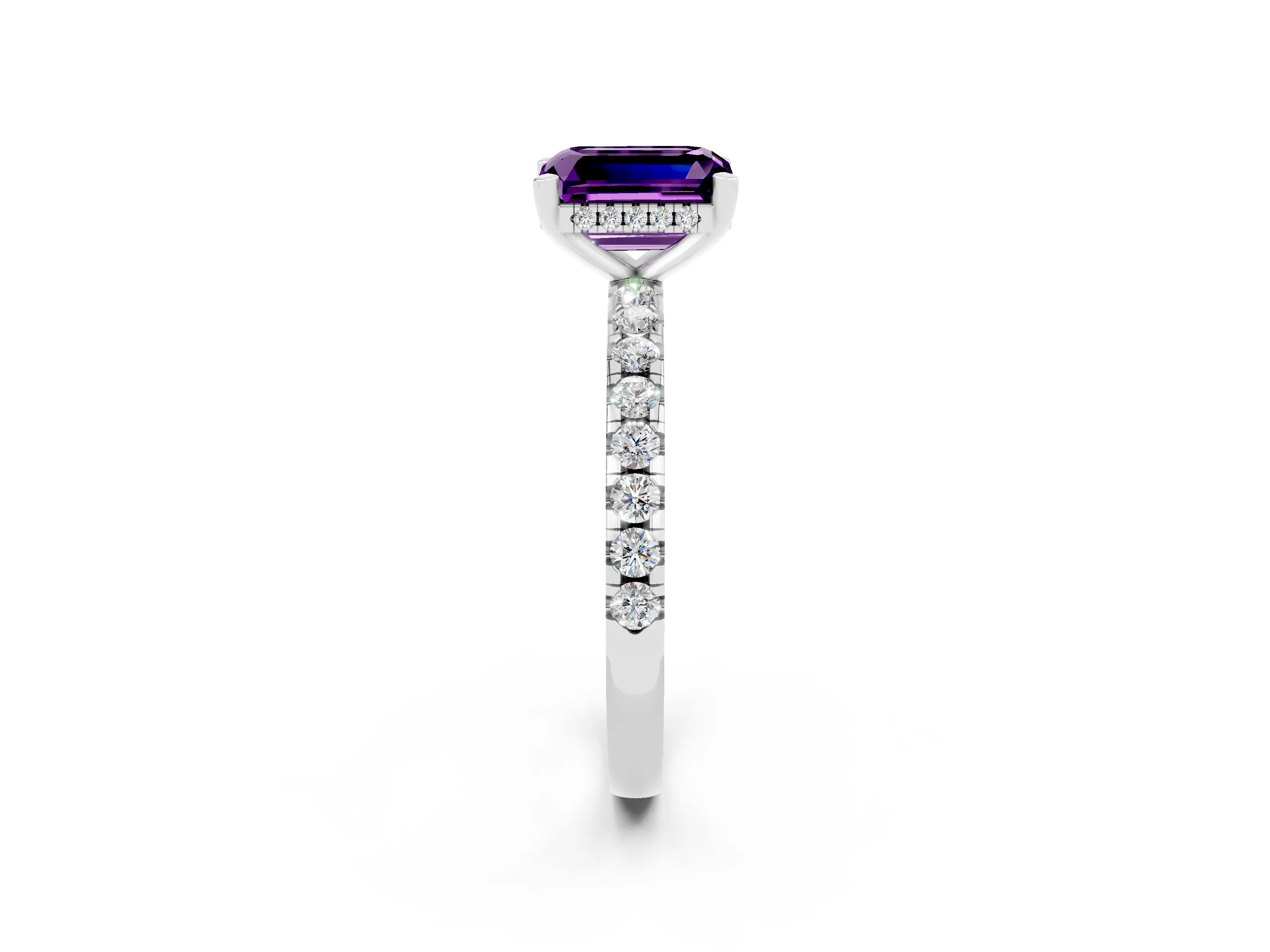 White gold Emerald Cut Amethyst Solitaire Ring with Pavé Band and Four-Prong Setting_26