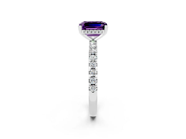 Platinum Emerald Cut Amethyst Solitaire Ring with Round  Pavé Band and Four-Prong Setting
