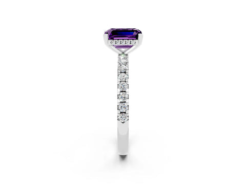 White gold Emerald Cut Amethyst Solitaire Ring with Pavé Band and Four-Prong Setting_26