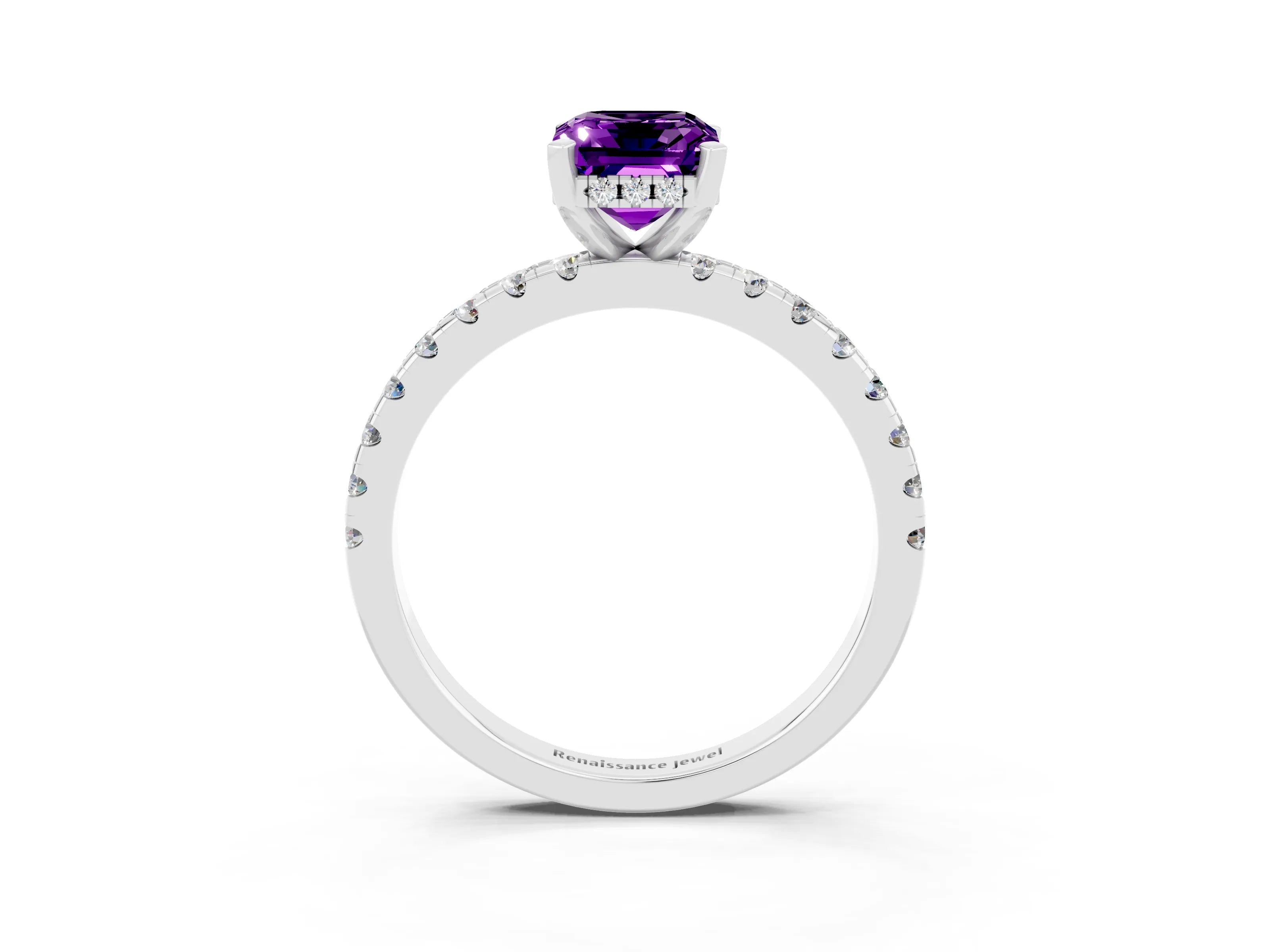 White gold Emerald Cut Amethyst Solitaire Ring with Pavé Band and Four-Prong Setting_27
