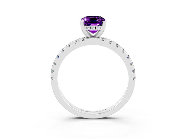 Silver Emerald Cut Amethyst Solitaire Ring with Round  Pavé Band and Four-Prong Setting