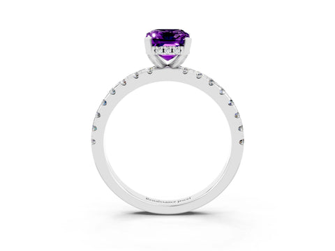 White gold Emerald Cut Amethyst Solitaire Ring with Pavé Band and Four-Prong Setting_27