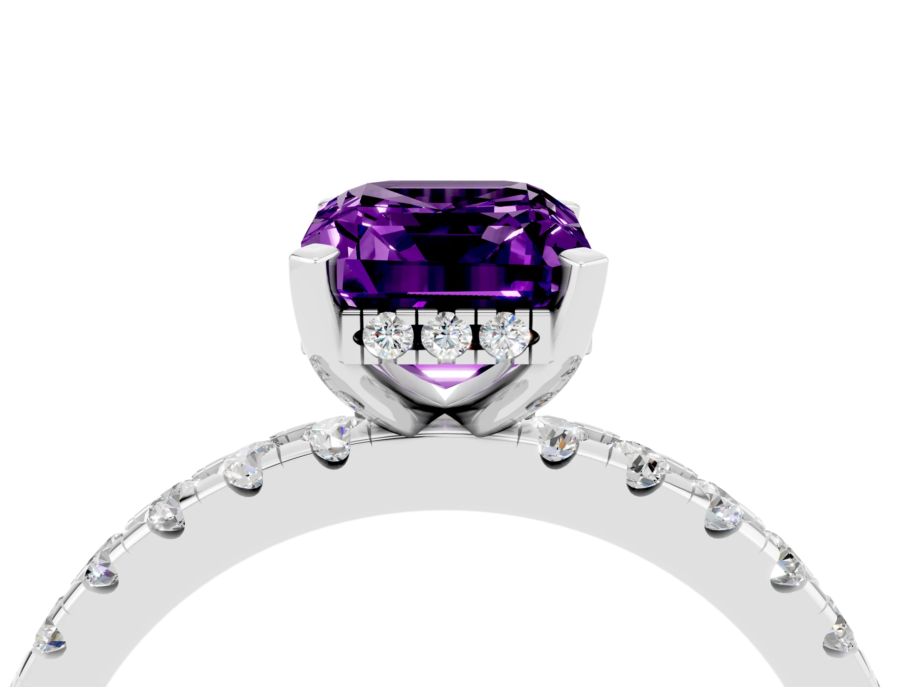 White gold Emerald Cut Amethyst Solitaire Ring with Pavé Band and Four-Prong Setting_28