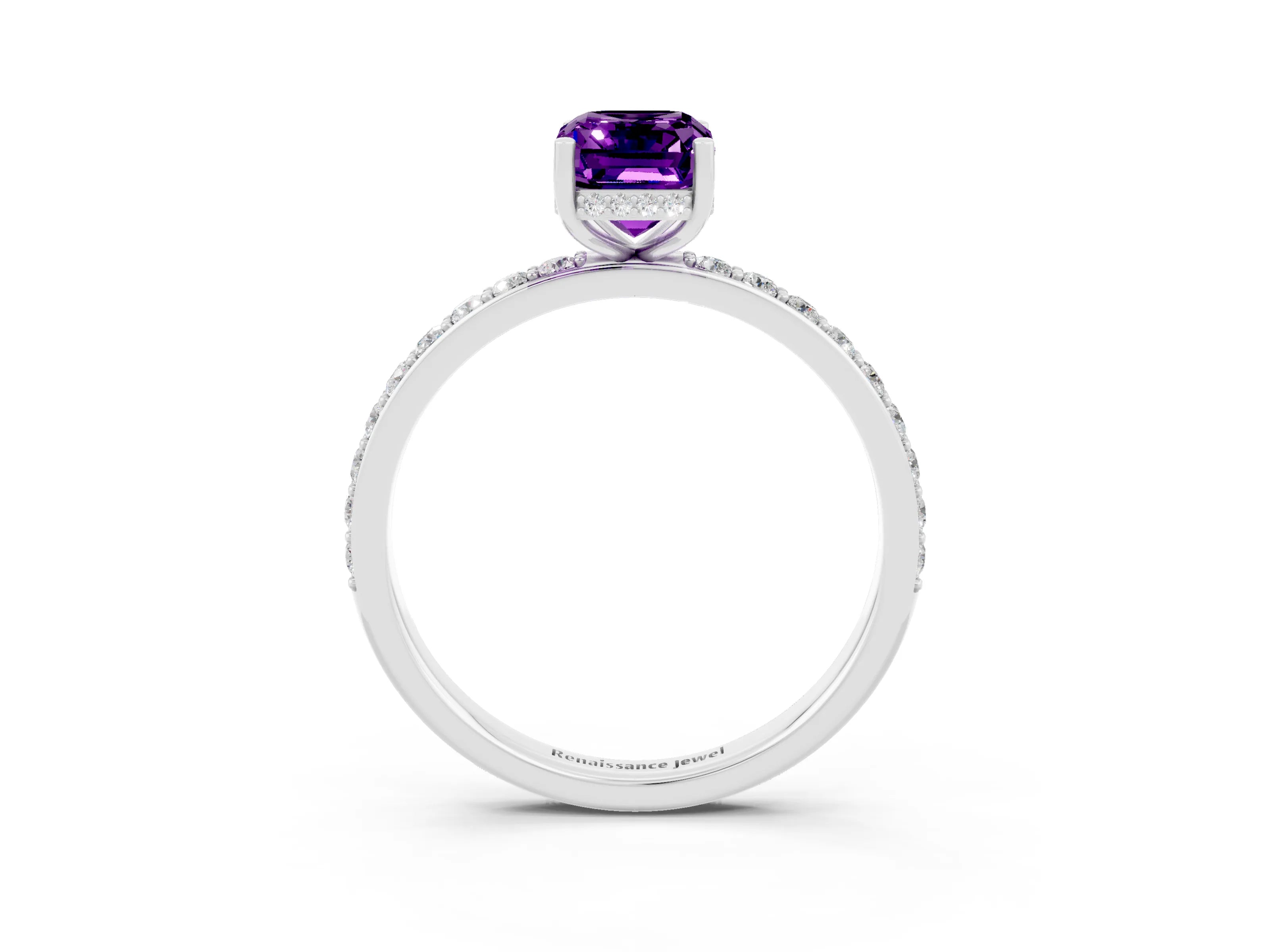 White gold Emerald Cut Amethyst Solitaire Ring with Pavé Band and Hidden Halo_45
