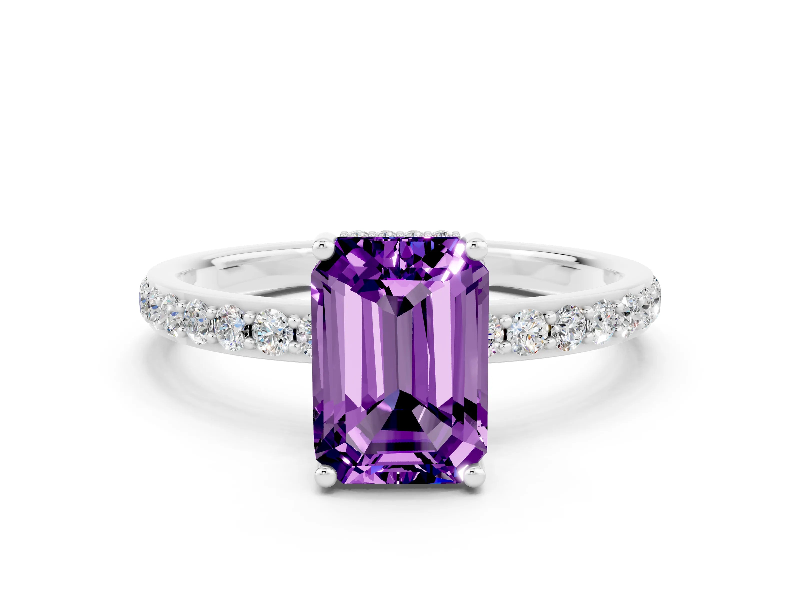 White gold Emerald Cut Amethyst Solitaire Ring with Pavé Band and Hidden Halo_47
