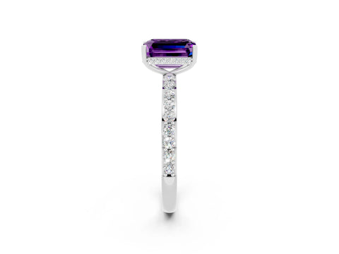 White gold Emerald Cut Amethyst Solitaire Ring with Pavé Band and Hidden Halo_49
