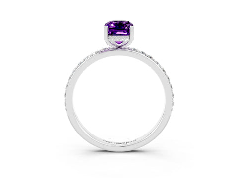 White gold Emerald Cut Amethyst Solitaire Ring with Pavé Band and Hidden Halo_50
