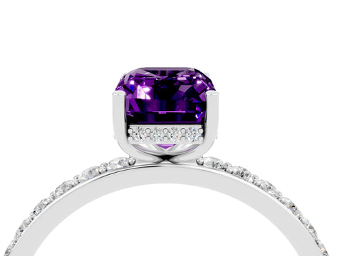 White gold Emerald Cut Amethyst Solitaire Ring with Pavé Band and Hidden Halo_51