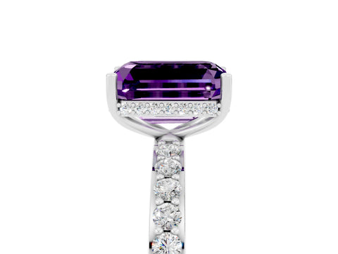 White gold Emerald Cut Amethyst Solitaire Ring with Pavé Band and Hidden Halo_52