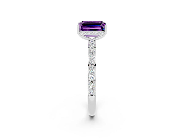 White gold Emerald Cut Amethyst Solitaire Ring with Pavé Band and Hidden Halo