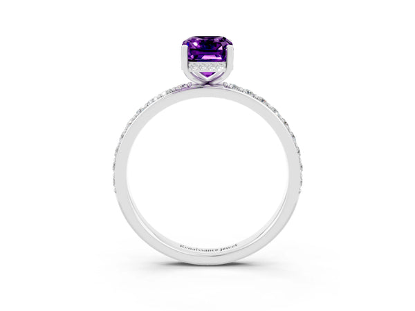 White gold Emerald Cut Amethyst Solitaire Ring with Pavé Band and Hidden Halo