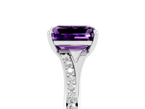 White gold Emerald Cut Amethyst Solitaire Ring with Pavé Band and Prong Setting_29