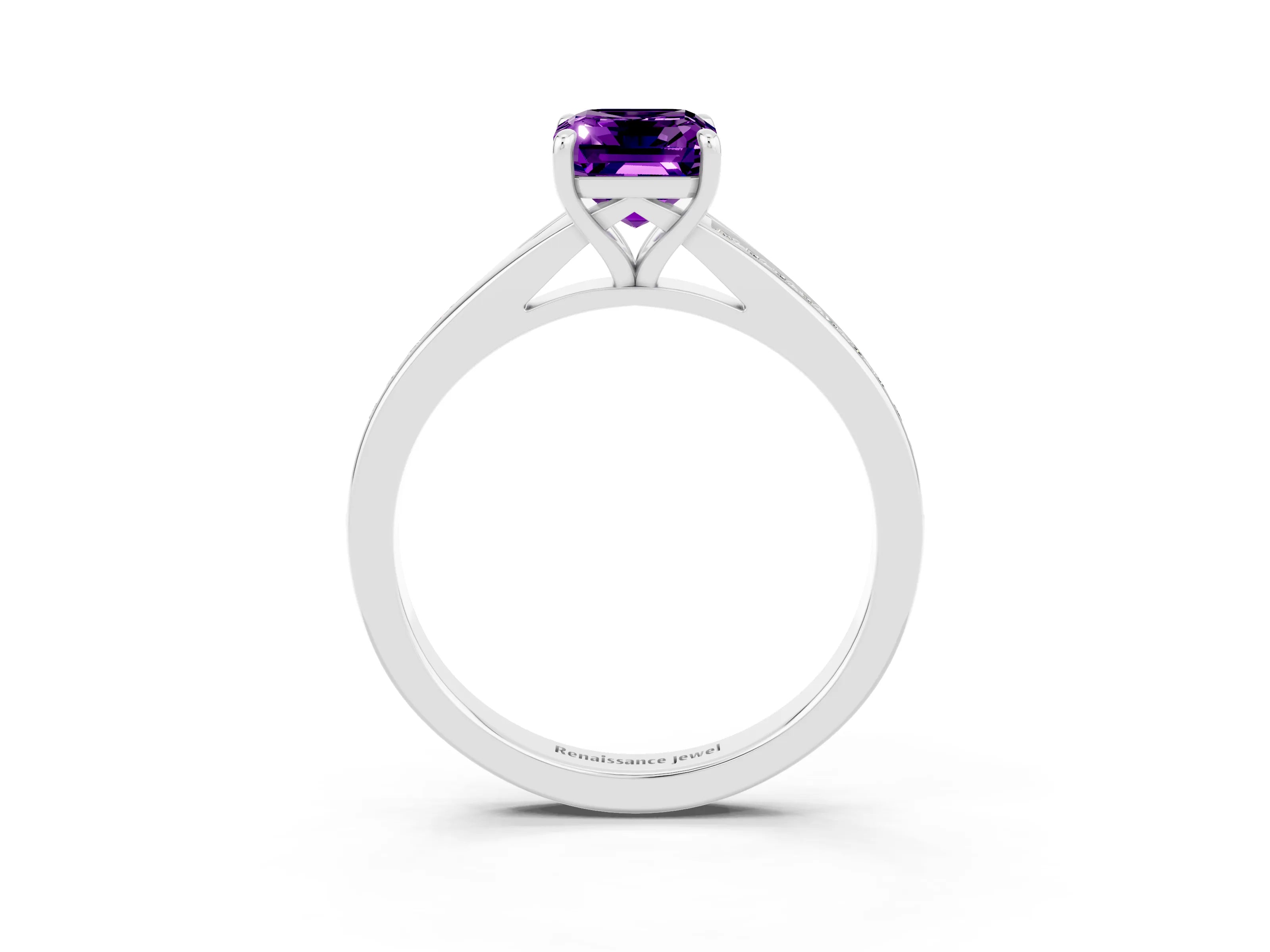 White gold Emerald Cut Amethyst Solitaire Ring with Pavé Band and Prong Setting_3