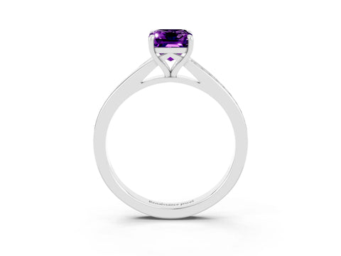 White gold Emerald Cut Amethyst Solitaire Ring with Pavé Band and Prong Setting_3