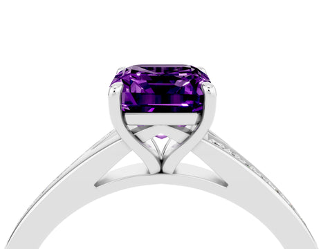 White gold Emerald Cut Amethyst Solitaire Ring with Pavé Band and Prong Setting_4
