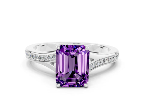 White gold Emerald Cut Amethyst Solitaire Ring with Pavé Band and Prong Setting