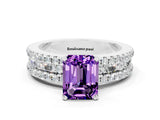 White gold Emerald Cut Amethyst Solitaire Ring with Pavé and Channel Set Band