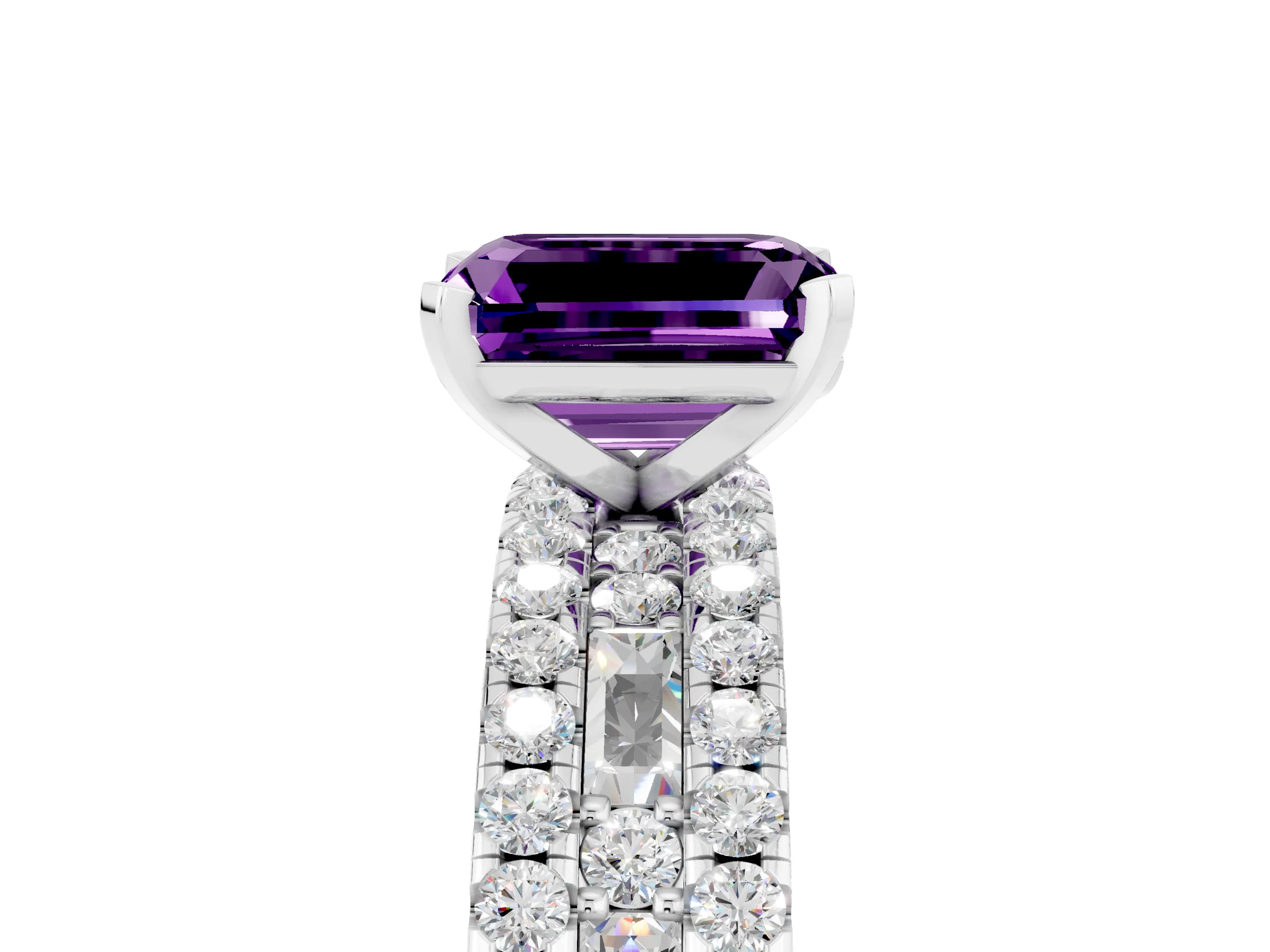 White gold Emerald Cut Amethyst Solitaire Ring with Pavé and Channel Set Band_11