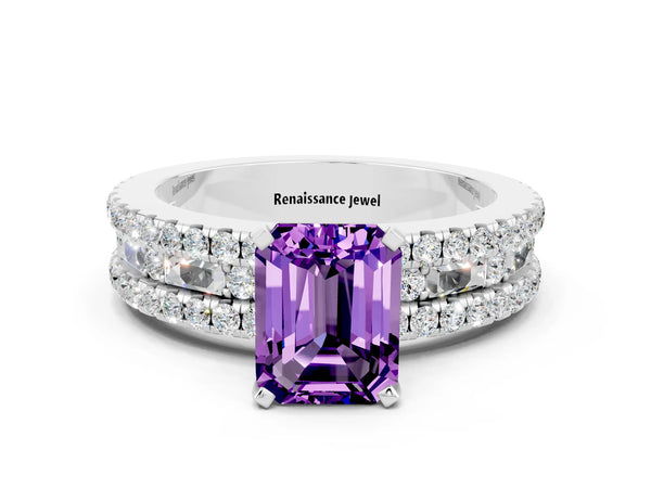 Platinum Emerald Cut Amethyst Solitaire Ring with Pavé and Channel Set Band