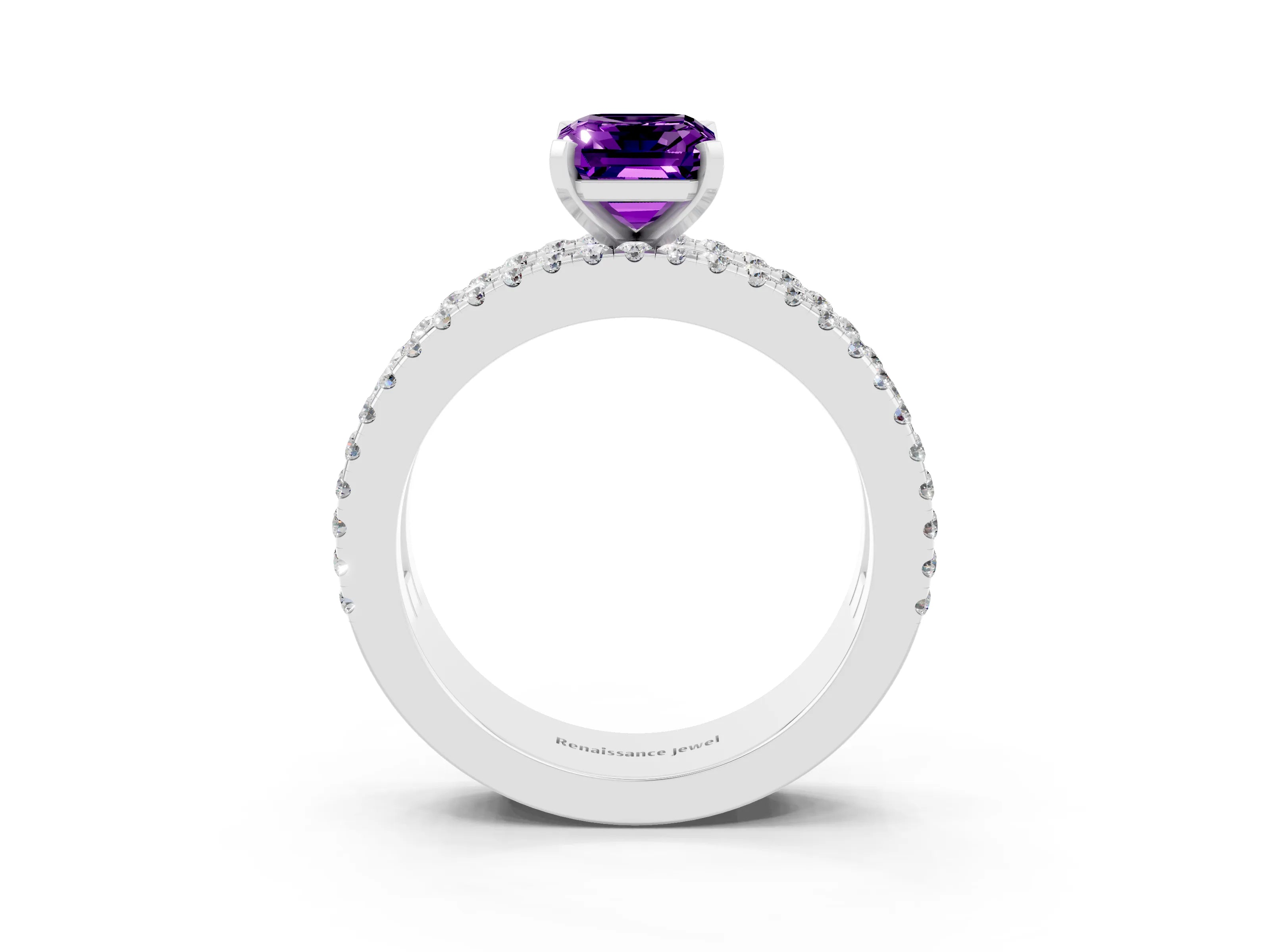 White gold Emerald Cut Amethyst Solitaire Ring with Pavé and Channel Set Band_15
