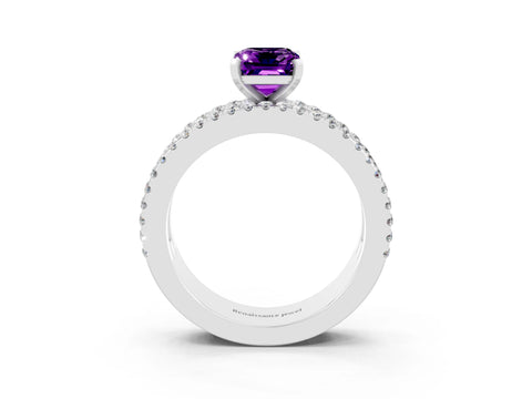 White gold Emerald Cut Amethyst Solitaire Ring with Pavé and Channel Set Band_15