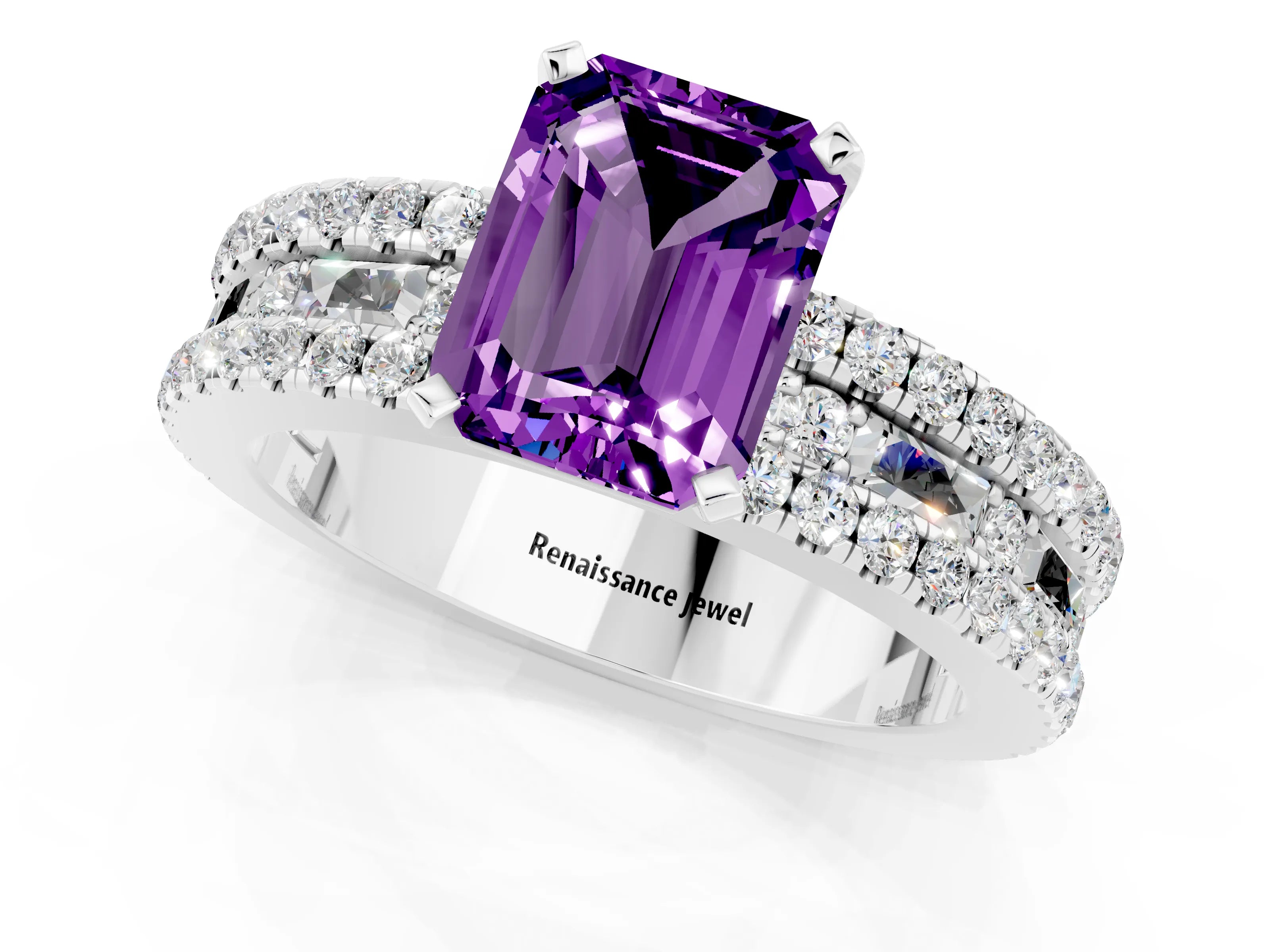 White gold Emerald Cut Amethyst Solitaire Ring with Pavé and Channel Set Band_1