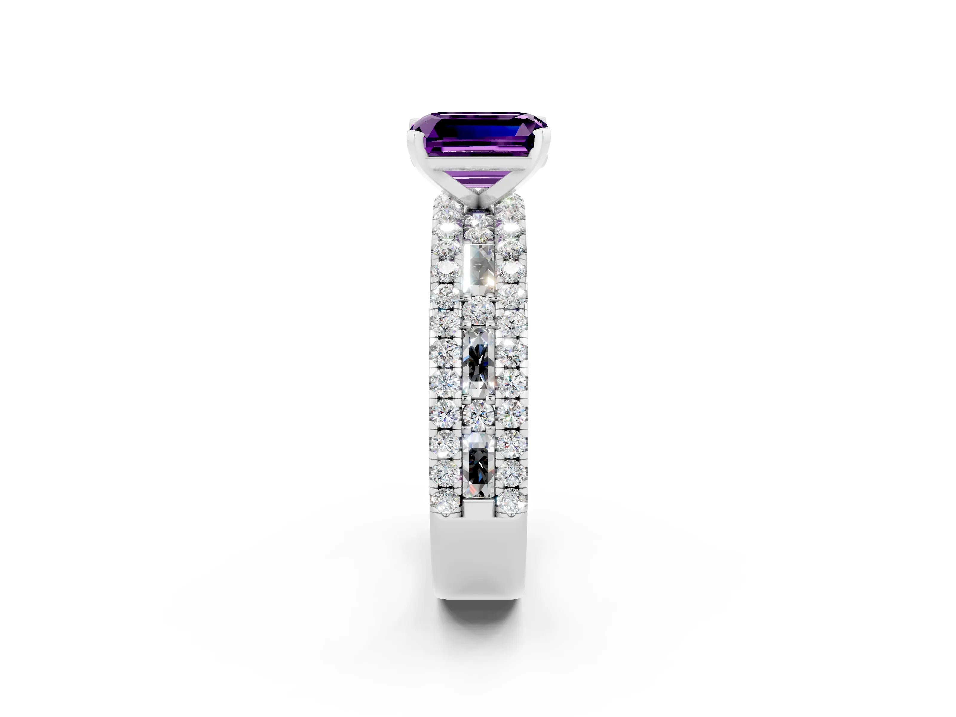 White gold Emerald Cut Amethyst Solitaire Ring with Pavé and Channel Set Band_2