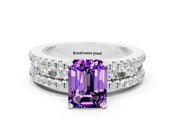 Platinum Emerald Cut Amethyst Solitaire Ring with Pavé and Channel Set Band