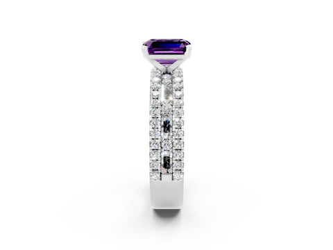 White gold Emerald Cut Amethyst Solitaire Ring with Pavé and Channel Set Band_26